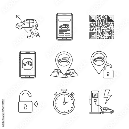 Vector icons for smart mobility solutions, detailing app-based vehicle control, secure access, car sharing, location services, and electric charging functionality