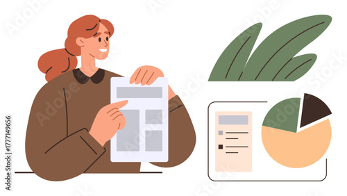 Woman holding and reviewing a report alongside a pie chart and a checklist, surrounded by abstract green leaves. Ideal for business analysis, presentations, teamwork, strategy, education, planning