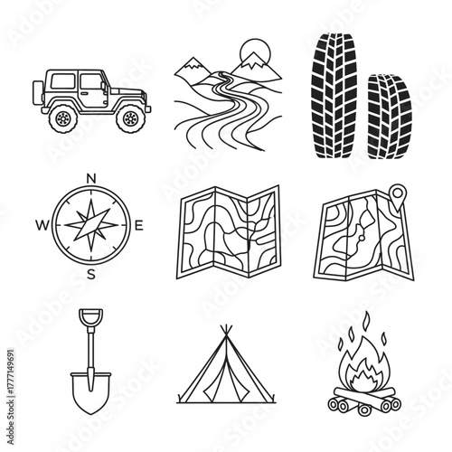 Collection of Camping and Adventure Icons Off-Road Vehicle, Compass, Shovel, Tent, and Campfire