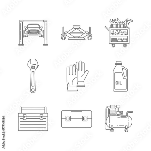 Garage Repair Tools Car Lift, Jack, Wrench, Gloves, and Oil Can