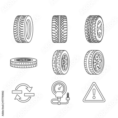 Tire Maintenance Line Art Vector Set for Car Safety and Performance