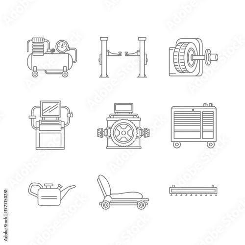 Set of vector car service and repair icons featuring various equipment and tools
