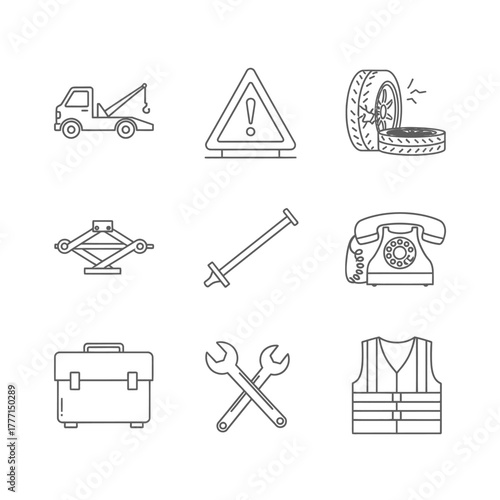 Linear icons for automotive repair, roadside assistance, and vehicle maintenance. Features essential tools, safety items, and symbols for car care and emergencies