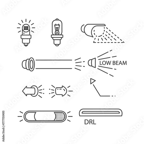 Collection of various vehicle lighting icons including bulbs, headlights, and DRLs