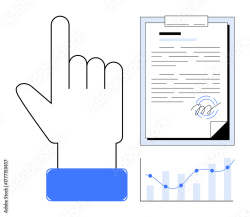 Hand pointing up near signed document with analytics chart. Ideal for approval, contract, business decision, legal process, analysis, teamwork, digital transformation. Simple flat metaphor