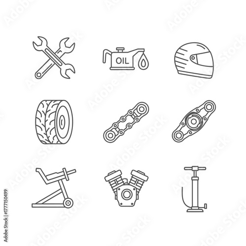 Collection of motorcycle repair and maintenance icons including tools, parts, and equipment for garage or workshop