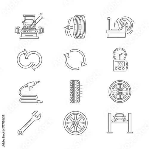 Vector line icons for automotive repair and car service. Essential symbols for tire changing, wheel balancing, vehicle lifts, mechanic tools, and garage maintenance procedures