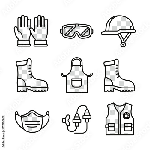 Work safety and personal protective equipment icon set. Outline vector symbols for construction and industrial use