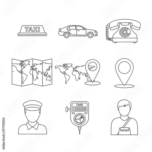 A collection of outline icons representing a taxi service, featuring a car, driver, map, and location pins for urban transportation concepts