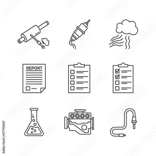 Set of automotive and science icons including a car engine, spark plug, exhaust, and lab equipment