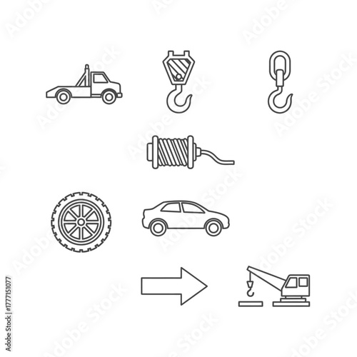 A collection of thin line icons representing roadside assistance, including a tow truck, car, winch, and recovery crane for vehicle breakdown services