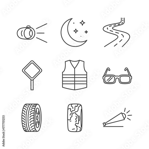 Safety and Road Symbols A Set of Black and White Icons for Road Traffic and Night Driving