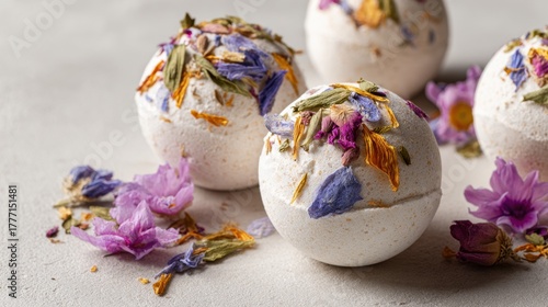 Colorful bath bombs with delicate flower petals create a serene and relaxing atmosphere.
