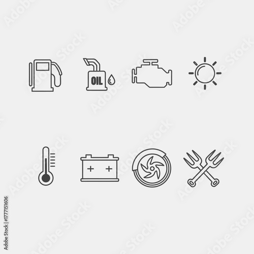 Automotive Icons Gas, Oil, Engine, Sun, Thermometer, Battery, Fan, and Wrench Symbols