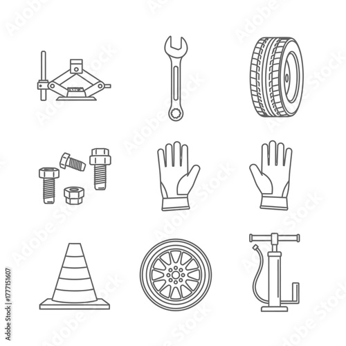 Set of automotive tools and equipment for tire repair and maintenance, including a jack, wrench, tire, nuts, gloves, cone, wheel, and air pump
