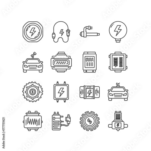 Set of linear icons for electric mobility, representing EV cars, charging stations, battery power, and sustainable transportation technology