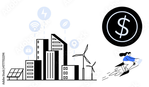City skyline with solar panels, wind turbines, connectivity icons, money symbol, person on jet futuristic design. Ideal for sustainability, innovation, smart technology, green energy finance urban