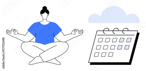 Woman meditating in lotus position, highlighted calendar, calming cloud. Ideal for mindfulness, time management, wellness, mental clarity, productivity self-care stress reduction. Simple flat