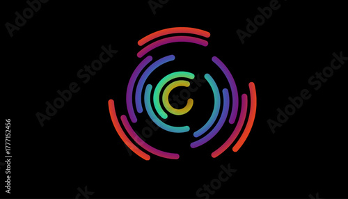 Vibrant abstract spiral. Multicolored concentric circular lines on black background. Dynamic graphic swirl with radiant color motion and modern minimalist effect.