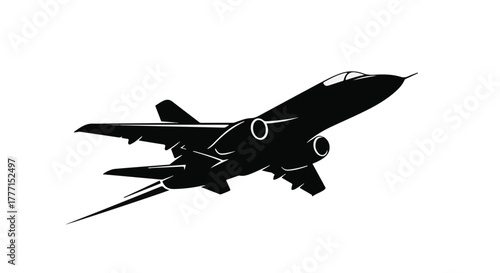 Sleek silhouette of a modern jet fighter ascending against a white background.