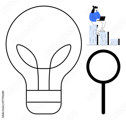 Light bulb with leaves symbolizing eco-innovation, person analyzing data on a laptop, and a magnifying glass. Ideal for sustainability, research, analysis, growth strategy, knowledge, brainstorming
