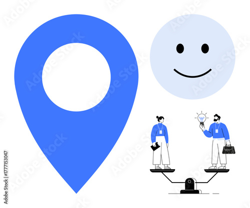 Smiling face, large location marker, two professionals balancing on a seesaw sharing ideas. Ideal for teamwork, collaboration, creativity, decision-making, balance innovation positivity. Simple