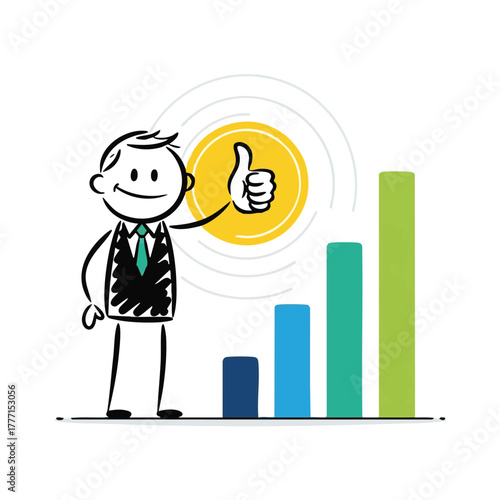 A cheerful stick figure businessman gives a thumbs-up next to a growing bar graph, symbolizing success and progress.