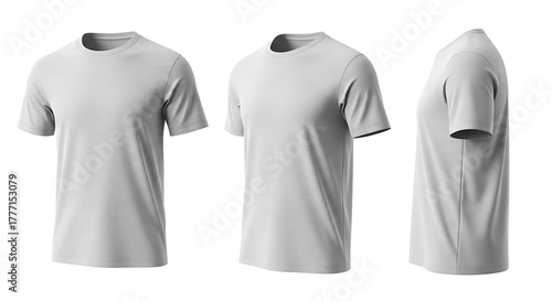 Set of three grey tshirts shown from different angles isolated on white background