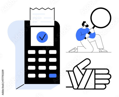 Payment terminal with receipt and validation check mark, thumbs-up hand gesture, person analyzing with magnifying glass. Ideal for finance, reviews, approval, analysis, success, validation simple
