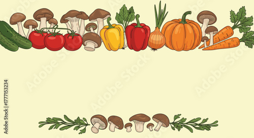 A vibrant assortment of fresh vegetables and mushrooms creates a decorative border on a light background, perfect for healthy food themes.