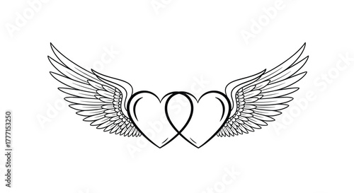 Two intertwined hearts with elegant feathered wings symbolize eternal love, romance, and spiritual connection in a graceful line art design.