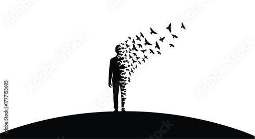 Silhouette of a person dissolving into a flock of birds against a stark white background, representing freedom and transformation.