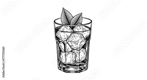 Black and white hand-drawn illustration of a refreshing glass filled with ice cubes and fresh mint leaves, perfect for a cool summer drink.