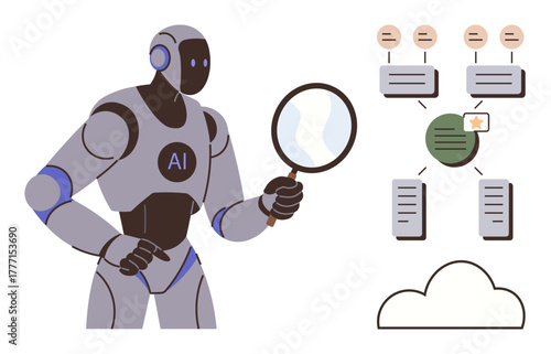 AI robot holding magnifying glass inspecting data flow and documents. Ideal for AI, data analysis, machine learning, technology, innovation, research, education. Simple flat metaphor
