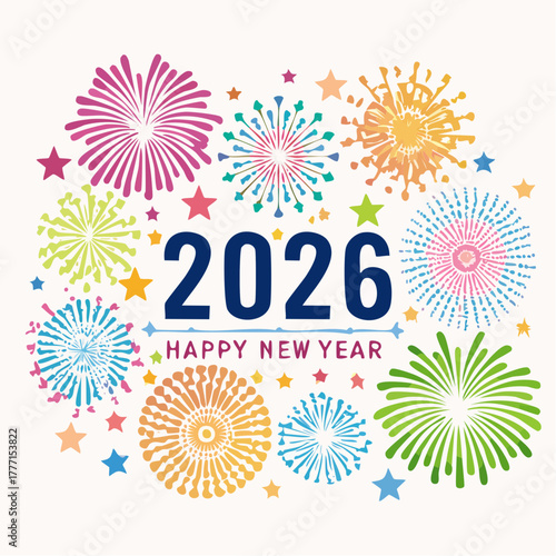 2026の数字と花火が彩る華やかな新年お祝いデザイン