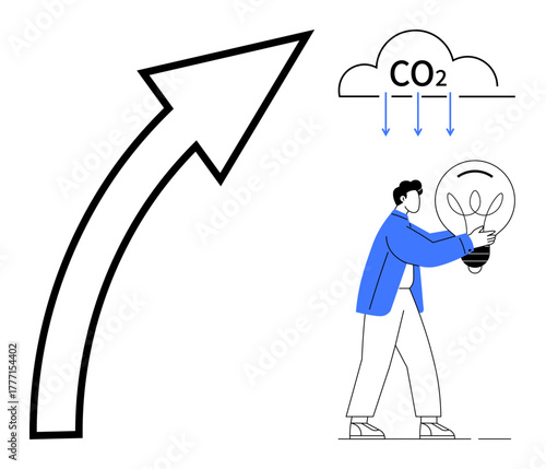 Person carrying light bulb under CO2 emissions cloud, connected to a rising arrow implying growth. Ideal for sustainability, green energy, innovation, climate change, clean tech, solutions, growth