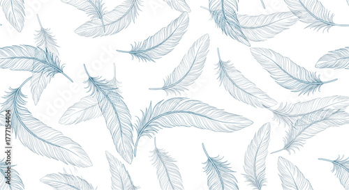 An elegant seamless pattern featuring various hand-drawn teal feathers, artistically arranged on a crisp white background.