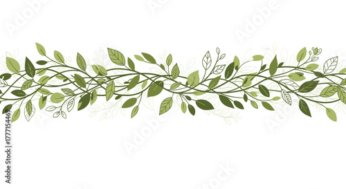 Decorative horizontal border of fresh green leaves and branches, creating a lush and organic design element.