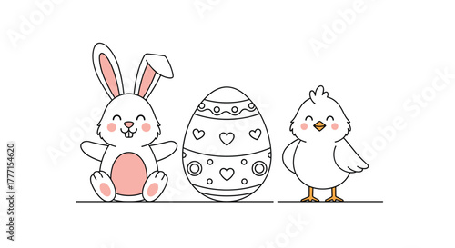 Cute Easter bunny, decorated egg, and little chick illustration perfect for spring holiday designs.