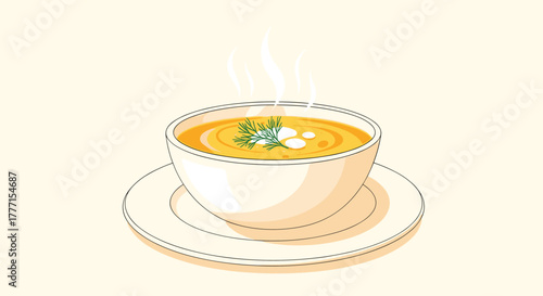 A steaming bowl of creamy orange soup, garnished with fresh dill and cream, served on a pristine white plate, radiating warmth and comfort.
