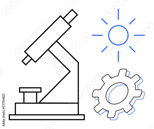 Microscope, sun, and gear icons conveying scientific research, innovation, discovery, and industrial progress. Ideal for science, education, technology invention design and engineering themes