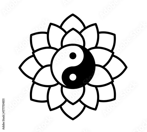 The universal symbol of balance, the Yin-Yang, rests at the heart of a blooming, multi-layered lotus flower outline, merging harmony and purity
