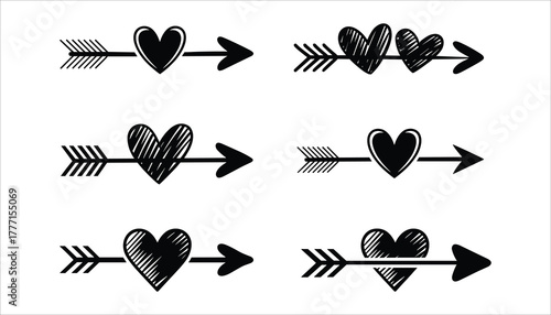 Six black heart and arrow graphic elements with feathered fletching and solid or hatched fill on white background