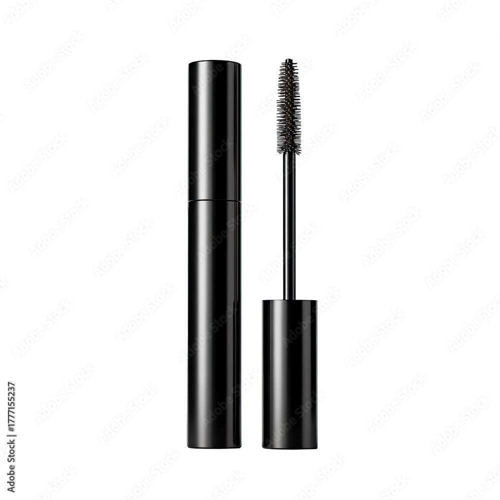 Obraz premium Sleek, black mascara tube and wand with a dark, textured brush, isolated on a black background