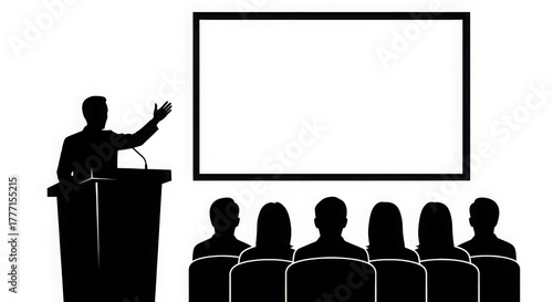 Speaker presents audience ideas on large screen in conference room or auditorium silhouette