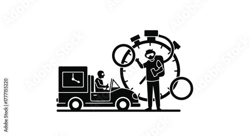 Driver receives time-sensitive delivery instructions from a supervisor near a stopwatch symbol.