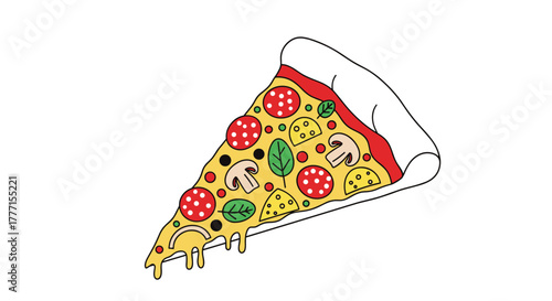 A vibrant and appetizing cartoon illustration of a single pizza slice, loaded with classic toppings like pepperoni, mushrooms, spinach, and melting cheese.