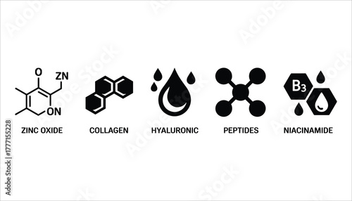 Icons representing zinc oxide collagen hyaluronic acid peptides and niacinamide with text labels vector
