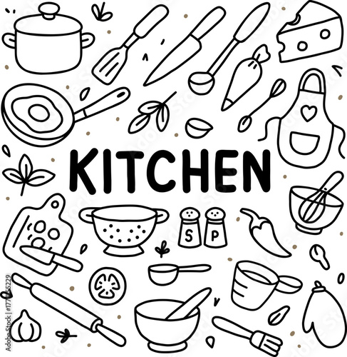 Kitchen utensil doodles in black and white with pots, pans and ingredients, perfect for coloring books, culinary worksheets
