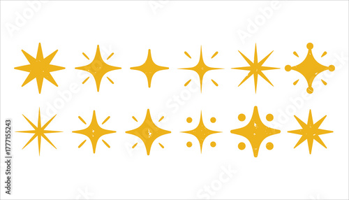 Collection of twelve yellow starburst shapes with distressed texture on a white background sparkle shine